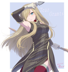 Rule 34 | 1girl, arm up, armpits, bare shoulders, black dress, blue background, blue eyes, blush, border, breasts, brown hair, character name, dated, detached sleeves, dress, dual wielding, garter straps, hair over one eye, holding, holding staff, holding weapon, large breasts, long hair, long sleeves, looking at viewer, outside border, parted lips, pelvic curtain, red thighhighs, signature, simple background, solo, staff, tales of (series), tales of the abyss, tear grants, thighhighs, very long hair, weapon, white border, yamamoto arifred