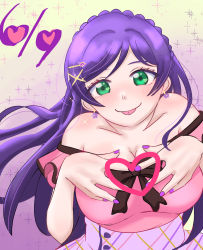 Rule 34 | 1girl, :p, alternate hairstyle, aqua eyes, artist name, artist request, blush, braid, breasts, collarbone, crown braid, dress, earrings, female focus, flower earrings, green eyes, hair ornament, hairclip, heart, highres, jewelry, long hair, looking at viewer, love live!, love live! school idol project, medium breasts, nail, nail polish, parted lips, pink dress, purple hair, purple nail polish, purple nails, skirt, sleeveless, sleeveless dress, smile, solo, sparkle, tongue, tongue out, tojo nozomi, white skirt, x hair ornament