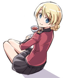 Rule 34 | 10s, 1girl, black footwear, black skirt, blonde hair, blue eyes, boots, braid, chikuwa (majihima), closed mouth, commentary, cup, darjeeling (girls und panzer), epaulettes, from behind, girls und panzer, holding, holding cup, jacket, long sleeves, looking at viewer, looking back, military, military uniform, miniskirt, pleated skirt, red jacket, saucer, shadow, short hair, simple background, sitting, skirt, smile, solo, st. gloriana&#039;s military uniform, teacup, twin braids, uniform, white background, yokozuwari
