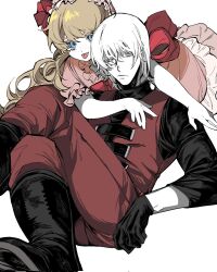 Rule 34 | 1boy, 1girl, blonde hair, blue eyes, closed mouth, dante (devil may cry), devil may cry (anime), devil may cry (series), dress, freckles, gloves, highres, holding, long hair, looking at viewer, male focus, necktie, necktie grab, neckwear grab, patty lowell, simple background, vapicv, white hair