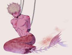 Rule 34 | 1boy, arms behind back, bakugou katsuki, black collar, blood, blood on face, boku no hero academia, bound, chain, chained, chains, collar, collarbone, fins, full body, guro, injury, lower teeth, male focus, merman, monster boy, nipples, open mouth, red eyes, restrained, short hair, sitting, skeleton, solo, wengwengchim, white background