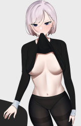 Rule 34 | 1girl, absurdres, black panties, black pantyhose, black shirt, blue eyes, blush, braid, breasts, clothes in mouth, clothes lift, colored eyelashes, contrapposto, empty eyes, frown, highres, hololive, hololive indonesia, jitome, large breasts, lifting own clothes, long sleeves, looking at viewer, mouth hold, navel, no bra, nose blush, panties, panties under pantyhose, pantyhose, pavolia reine, rizu pann, shirt, shirt in mouth, shirt lift, short hair, silver hair, simple background, solo, stomach, thighband pantyhose, underwear, virtual youtuber, white background
