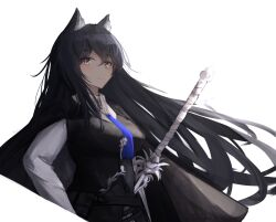 Rule 34 | 1girl, animal ear fluff, animal ears, arknights, black cape, black hair, black vest, blue necktie, cape, closed mouth, collared shirt, expressionless, floating hair, long hair, long sleeves, looking at viewer, necktie, official alternate costume, orange eyes, purple eyes, shirt, simple background, solo, sword, texas (arknights), texas the omertosa (arknights), very long hair, vest, vincentime, weapon, white background, white shirt, wolf ears, wolf girl