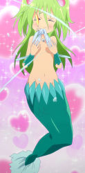 Rule 34 | &gt; &lt;, 1girl, absurdres, blush, breasts, closed eyes, gradient background, green hair, highres, mermaid, monster girl, muromi-san, namiuchigiwa no muromi-san, navel, screencap, solo, stitched, third-party edit