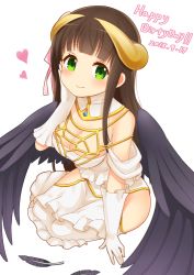 Rule 34 | 1girl, albedo (overlord) (cosplay), bare shoulders, black wings, breasts, brown hair, cleavage, cosplay, dated, demon horns, dress, feathers, gloves, gochuumon wa usagi desu ka?, green eyes, hair ribbon, hand on own cheek, hand on own face, happy birthday, heart, hime cut, horns, long hair, looking at viewer, medium breasts, overlord (maruyama), ribbon, simple background, sitting, smile, solo, typo, ug (nekonekodou), ujimatsu chiya, white background, white dress, white gloves, wings