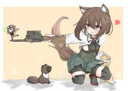 Rule 34 | 2girls, 2others, animal ears, beige background, bike shorts, border, bow (weapon), brown eyes, brown hair, commentary request, crossbow, dog ears, dog tail, fairy (kancolle), flat chest, fox, full body, grey skirt, headband, headgear, heart, kantai collection, kasashi (kasasi008), kemonomimi mode, long sleeves, miniskirt, multiple girls, multiple others, open mouth, paw print, pleated skirt, raccoon, short hair, shorts, shorts under skirt, skirt, smile, squatting, taihou (kancolle), tail, two-tone background, weapon, white border