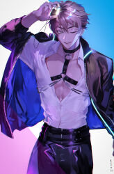 Rule 34 | 1boy, abs, belt, black belt, black choker, black jacket, black pants, chest harness, choker, collared shirt, cowboy shot, crystal, dated, ear piercing, eiden (nu carnival), floating clothes, hair between eyes, hand up, harness, highres, jacket, jewelry, light brown hair, looking to the side, male focus, multiple piercings, necklace, nu carnival, official alternate costume, one eye closed, open clothes, owner bird, pants, piercing, revealing clothes, shirt, simple background, smile, solo, white shirt, zipper