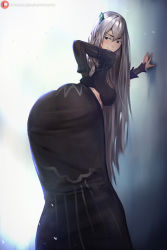 Rule 34 | 1girl, ass, black dress, breasts, butterfly hair ornament, dress, echidna (re:zero), from behind, fupitoaster, grey hair, hair ornament, hand on own hip, highres, large breasts, long hair, looking back, presenting, re:zero kara hajimeru isekai seikatsu, smile, smirk, solo, standing, very long hair