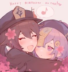 Rule 34 | 2girls, ^ ^, beads, birthday, blush, braid, braided ponytail, brown hair, cake, closed eyes, earrings, english text, flower, food, genshin impact, ghost, gift, half-closed eyes, happy, happy birthday, hat, hu tao (genshin impact), hug, jewelry, jiangshi, kvlen, long sleeves, multiple girls, musical note, open mouth, purple eyes, purple hair, qiqi (genshin impact), red eyes, shorts, smile, sweatdrop, symbol-shaped pupils, talisman, thighhighs, thought bubble, twintails, wide sleeves