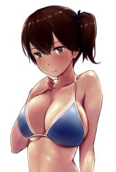 Rule 34 | 10s, 1girl, bad id, bad twitter id, bare shoulders, bikini, black eyes, blue bikini, blush, breasts, brown hair, cleavage, collarbone, female focus, hair ribbon, highres, inactive account, kaga (kancolle), kantai collection, large breasts, looking at viewer, ribbon, side ponytail, simple background, solo, strap lift, swimsuit, tan, tanline, upper body, wa (genryusui), white background