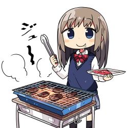 Rule 34 | 1girl, blouse, blue eyes, blush, blush stickers, bow, bowtie, brown hair, character request, commentary request, cooking, drooling, grill, grilling, holding, holding tray, kanikama, long hair, long sleeves, looking at viewer, lowres, original, red bow, red bowtie, rotisserie, school uniform, shirt, simple background, solo, tongs, tray, vest, white background, white shirt