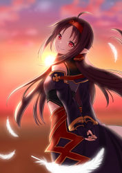 Rule 34 | 1girl, ahoge, armor, arms behind back, black hair, blurry, blurry background, breastplate, closed mouth, detached sleeves, dusk, feathers, fingerless gloves, floating hair, from side, gloves, hairband, highres, long hair, long sleeves, looking at viewer, pick 01, pointy ears, purple gloves, purple skirt, purple sleeves, red eyes, red hairband, skirt, smile, solo, sword art online, very long hair, white feathers, yuuki (sao)
