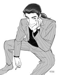 Rule 34 | 1boy, cigarette, closed mouth, cuff links, formal, full body, gin to kin, hair slicked back, hand on own cheek, hand on own face, highres, holding, holding cigarette, jacket, korean text, long hair, long sleeves, looking at viewer, low ponytail, male focus, morita tetsuo, open clothes, open jacket, pants, shirt, simple background, sitting, smile, solo, striped clothes, striped jacket, striped pants, suit, vertical-striped clothes, vertical-striped jacket, vertical-striped pants, www 2duck2