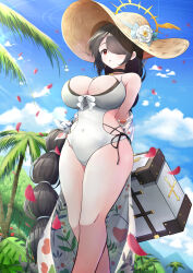 Rule 34 | 1girl, absurdres, beach, black hair, blue archive, breasts, covered navel, drawing rak, earrings, flower, hair over one eye, hat, hat flower, highres, hinata (blue archive), hinata (swimsuit) (blue archive), jewelry, large breasts, long hair, one-piece swimsuit, palm tree, petals, red eyes, single earring, suitcase, sun hat, swimsuit, tree, very long hair, white one-piece swimsuit, wind