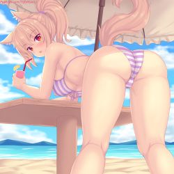 Rule 34 | 1girl, :&lt;, animal ear fluff, animal ears, ass, bare shoulders, beach, beach umbrella, bent over, bikini, blonde hair, breasts, brown eyes, cameltoe, cat ears, cat girl, cat tail, cloud, cloudy sky, cup, drink, drinking glass, drinking straw, food, from behind, front-tie top, fruit, high ponytail, highres, holding, holding drink, lemon, lemon slice, long hair, looking at viewer, looking back, medium breasts, nottytiffy, ocean, open mouth, original, ponytail, sidelocks, sky, solo, striped bikini, striped clothes, swimsuit, table, tail, thighs, tiffy (nottytiffy), umbrella, underboob, water