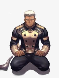 Rule 34 | 1boy, axe, dark-skinned male, dark skin, dedue molinaro, dirty, dirty clothes, dirty face, earrings, closed eyes, fire emblem, fire emblem: three houses, full body, garreg mach monastery uniform, highres, jewelry, long sleeves, looking at viewer, male focus, moyashi mou2, nintendo, pants, shadow, short hair, silver hair, simple background, single earring, sitting, solo, white background