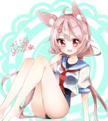 Rule 34 | 1girl, ahoge, animal ear fluff, animal ears, ass, barefoot, rabbit ears, commentary request, hair ornament, hairclip, highres, knees up, legs, long hair, low twintails, one-piece swimsuit, open mouth, pink eyes, pink hair, school swimsuit, school uniform, serafuku, shirt, smile, solo, swimsuit, tomari mari, tomari mari channel, twintails, very long hair, virtual youtuber, white shirt