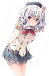 Rule 34 | 10s, 1girl, :o, arms behind back, bare legs, beret, black hat, blue eyes, blush, bow, bowtie, breasts, chestnut mouth, epaulettes, female focus, grey skirt, hat, jacket, kantai collection, kashima (kancolle), komeshiro kasu, leaning, leaning forward, legs, looking at viewer, military jacket, open mouth, pleated skirt, short hair, silver hair, skirt, solo, standing, twintails, two side up, uniform, wavy hair
