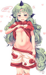 Rule 34 | 1girl, absurdres, bandage on knee, blush, breasts, clothes lift, cowboy shot, fang, flying sweatdrops, green hair, groin, heart, heart print, highres, horns, kemo chiharu, komano aunn, long hair, looking at viewer, navel, pulled by self, self exposure, shirt lift, shorts tug, single horn, small breasts, solo, spoken blush, touhou, very long hair, wavy mouth, white background