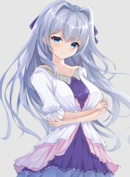 Rule 34 | 1girl, 9-nine-, absurdres, blue eyes, blue hair, blush, breasts, casual, closed mouth, collarbone, crossed arms, dot nose, dress, eyebrows hidden by hair, eyelashes, fringe trim, grey background, hair between eyes, hair intakes, hair ribbon, highres, kousaka haruka, large breasts, long hair, looking at viewer, multicolored clothes, multicolored dress, ncontrail (mgax7527), open mouth, puffy short sleeves, puffy sleeves, purple ribbon, ribbon, short sleeves, sidelocks, simple background, skirt, smile, solo, standing