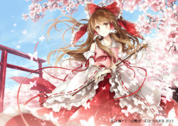 Rule 34 | 1girl, arm ribbon, bare shoulders, blue sky, bow, brown eyes, brown hair, bug, butterfly, cherry blossoms, cloud, day, detached sleeves, dress, hagiwara rin, hair bow, hair tubes, hakurei reimu, bug, long hair, long sleeves, nontraditional miko, red dress, ribbon, sky, smile, solo, torii, touhou, tree, very long hair, wind, yellow eyes