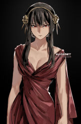Rule 34 | 1girl, alternate costume, arms at sides, bare shoulders, black background, black hair, breasts, cleavage, closed mouth, collarbone, commentary, dark background, dress, earrings, english commentary, gold hairband, hairband, jewelry, kadeart, large breasts, looking at viewer, red dress, red eyes, serious, short hair with long locks, sidelocks, simple background, solo, spy x family, yor briar