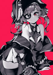 1girl arm_support arrow_through_heart ascot bare_shoulders bicorne black_coat black_hat black_thighhighs breasts brooch choker closed_mouth coat commentary covered_navel cowboy_shot cropped_jacket eyepatch frilled_choker frills gloves greyscale_with_colored_background hair_ribbon hat highres hololive houshou_marine houshou_marine_(1st_costume) jewelry lace lace-trimmed_thighhighs large_breasts leaning_forward leotard leotard_under_clothes long_hair looking_at_viewer miniskirt off_shoulder parororo pirate_hat pleated_skirt red_background red_eyes ribbon see-through see-through_leotard simple_background skirt sleeveless sleeveless_jacket smile solo split_mouth spot_color thighhighs twintails two-tone_skirt virtual_youtuber