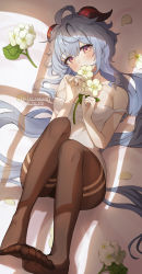Rule 34 | 1girl, ahoge, bare shoulders, blue hair, blush, breasts, brown pantyhose, commission, feet, flower, flower on mouth, ganyu (genshin impact), genshin impact, goat horns, gya (144), highres, holding, holding flower, horns, large breasts, leaf, leg up, looking at viewer, lying, on back, pantyhose, petals, pixiv commission, purple eyes, shirt, sidelocks, sleeveless, sleeveless shirt, solo, thighs, toes, white shirt