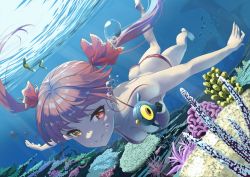 Rule 34 | 1girl, anno masato, ass, bikini, breasts, butt crack, coral, dutch angle, heterochromia, hololive, houshou marine, medium breasts, red bikini, red eyes, red hair, solo, swimming, swimsuit, twintails, underwater, virtual youtuber, yellow eyes