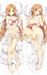 Rule 34 | 10s, 1girl, :o, asuna (sao), barefoot, blush, breasts, breasts out, brown eyes, brown hair, censored, censored by text, convenient censoring, dakimakura (medium), elf, feet, frilled pillow, frills, full body, jewelry, large breasts, leg up, long hair, looking at viewer, lying, midriff, multiple views, navel, necklace, nipples, on back, pillow, pointless censoring, pointy ears, pussy, sample watermark, sheska xue, smile, sword art online, titania (sao), transparent censoring, unworn jewelry, unworn necklace, watermark