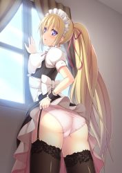 Rule 34 | 1girl, :o, ass, black thighhighs, blonde hair, blue eyes, blush, clothes lift, curtains, day, dress, dress lift, from below, garter straps, hair ribbon, highres, ihara asta, indoors, lace, lace-trimmed legwear, lace trim, lifting own clothes, long hair, looking at viewer, maid, maid headdress, original, panties, pink panties, ponytail, ribbon, solo, split ponytail, sunlight, thighhighs, underwear, very long hair, white panties, window, wrist cuffs