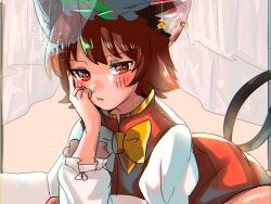 Rule 34 | 1girl, :t, animal ears, brown hair, cat ears, cat tail, chen, curtains, earrings, hat, highres, jewelry, kashiwara mana, looking at viewer, mob cap, multiple tails, nekomata, short hair, single earring, solo, tail, touhou