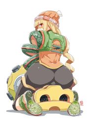 Rule 34 | 1girl, arms (game), ass, automatic giraffe, beanie, blonde hair, blunt bangs, chinese clothes, domino mask, dragon (arms), food, green eyes, hat, knit hat, leggings, leggings under shorts, looking at viewer, mask, min min (arms), nintendo, noodles, short hair, shorts, simple background, smile, solo, super smash bros., twitter