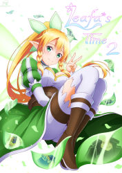 Rule 34 | 1girl, armor, blonde hair, boots, braid, breasts, brown footwear, cape, character name, cleavage, closed mouth, detached sleeves, elf, floating hair, gold armor, green cape, green eyes, hair ornament, high ponytail, highres, ken-ji, knee boots, large breasts, leafa, long hair, long sleeves, pointy ears, shorts, smile, solo, sword art online, thigh strap, thighhighs, thighs, twin braids, underbust, v, very long hair, waist cape, white shorts, white sleeves, white thighhighs, zettai ryouiki