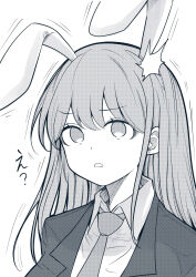 Rule 34 | ?, animal ears, blazer, collared shirt, commentary request, extra ears, highres, jacket, long hair, looking at viewer, monochrome, necktie, osr5555, parted lips, rabbit ears, reisen udongein inaba, shirt, touhou, translated, upper body, very long hair