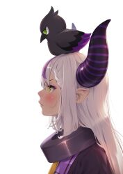 Rule 34 | 1girl, animal, animal on head, bird, bird on head, blush, braid, braided bangs, collar, crow (la+ darknesss), demon horns, eyeshadow, from side, green eyes, highres, hololive, horns, la+ darknesss, long hair, looking away, makeup, metal collar, multicolored hair, on head, pointy ears, portrait, profile, purple hair, serious, solo, striped horns, takami masahiro, transparent background, two-tone hair, virtual youtuber, white hair, yellow eyes