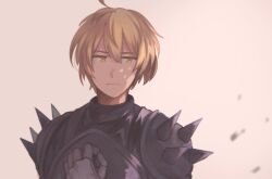 Rule 34 | 1boy, ahoge, armor, blind cloud, blonde hair, final fantasy, final fantasy tactics, hand on own chest, highres, male focus, nose, ramza beoulve, simple background, solo, yellow eyes