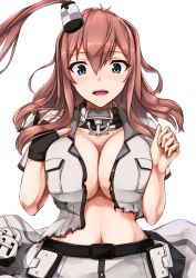 Rule 34 | 10s, 1girl, anchor, blue eyes, blush, breasts, brown hair, enchuu, gloves, hair between eyes, hair ornament, hand on own chest, hand up, highres, jacket, kantai collection, large breasts, long hair, looking at viewer, machinery, open clothes, open jacket, open mouth, open shirt, saratoga (kancolle), saratoga mk ii (kancolle), shirt, sidelocks, simple background, single glove, skirt, smokestack, solo, torn clothes, turret