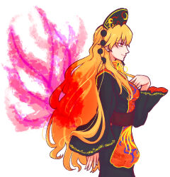 Rule 34 | 1girl, black dress, black headwear, blonde hair, brown sash, chinese clothes, cowboy shot, crescent, crescent print, dress, from side, hand up, highres, junko (touhou), long hair, long sleeves, looking ahead, multiple tails, neck ribbon, phoenix crown, profile, red eyes, red tabard, ribbon, sash, shokabatsuki, smile, solo, tabard, tail, tassel, touhou, very long hair, white background, wide sleeves, yellow eyes, yellow ribbon