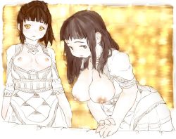 Rule 34 | 2girls, breasts, brown eyes, brown hair, dress, female focus, jewelry, large breasts, minoan, multiple girls, necklace, nipples, original, shizuoka (bl09), small breasts, tagme