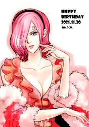 Rule 34 | 1girl, 2021, absurdres, blue eyes, breasts, cleavage, commentary request, curly eyebrows, dated, dress, frilled dress, frills, furol nicoco, hair over one eye, hairband, happy birthday, highres, large breasts, medium breasts, one piece, pink hair, pink lips, red dress, short hair, signature, simple background, solo, upper body, vinsmoke reiju, white background