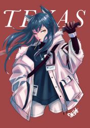 Rule 34 | 1girl, animal ears, arknights, arm up, black hair, black straps, breasts, character name, coat, commentary, cowboy shot, food, food in mouth, fur-trimmed sleeves, fur collar, fur trim, gloves, hand in pocket, hand up, heart, heart necklace, highres, holding, holding sword, holding weapon, id card, jewelry, long hair, looking at viewer, multicolored hair, necklace, official alternate costume, open clothes, open coat, over shoulder, pale skin, pants, peppsi (saba sabasuk0), pocky, pocky in mouth, red background, red gloves, red hair, serious, short shorts, shorts, signature, small breasts, standing, sweater, sword, sword over shoulder, texas (arknights), texas (winter messenger) (arknights), turtleneck, turtleneck sweater, two-tone hair, weapon, weapon over shoulder, white coat, white pants, white shorts, wind, winter clothes, wolf ears, yellow eyes, zipper