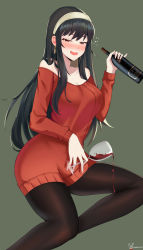 Rule 34 | 1girl, absurdres, alcohol, animal ears, black hair, black pantyhose, blush, bottle, breasts, champagne bottle, drink, drunk, earrings, green background, hairband, half-closed eyes, highres, holding, holding bottle, jewelry, long hair, long sleeves, medium breasts, off-shoulder sweater, off shoulder, open mouth, pantyhose, rabbit ears, red eyes, red sweater, simple background, smile, spy x family, squeans, sweater, twomoon, yor briar