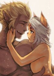 Rule 34 | 00s, 10s, 1boy, 1girl, animal ears, breast press, breasts, cat ears, couple, dark-skinned male, dark skin, doraeshi, elezen, elf, elvaan, facial mark, facial tattoo, final fantasy, final fantasy xi, final fantasy xiv, height difference, hetero, highres, large breasts, laughing, miqo&#039;te, mithra (ff11), nose, nude, pectorals, pointy ears, short hair, sideboob, silver hair, smile, tattoo, whisker markings