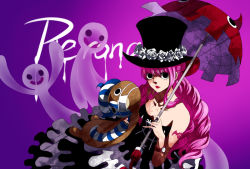 Rule 34 | 1girl, bare shoulders, bat (animal), bat (symbol), character name, curly hair, devil fruit, dress, drill hair, eilinna, female focus, flower, ghost, gothic lolita, gradient background, hat, horo horo no mi, kumacy, lipstick, lolita fashion, long hair, looking at viewer, makeup, mask, mouth mask, one piece, perona, pink hair, rose, sabaody archipelago, solo, striped clothes, striped headwear, stuffed animal, stuffed toy, surgical mask, tattoo, teddy bear, top hat, umbrella, very long hair, watch, wristwatch