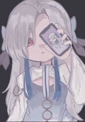 Rule 34 | 1girl, black background, blue dress, blue flower, blue hair, cellphone photo, chibi, commentary request, curtained hair, dress, faoru ofuton, flower, grey hair, hair flower, hair ornament, hand up, head tilt, highres, hito mania (utau), holding, holding phone, isekai joucho, juliet sleeves, kamitsubaki studio, long sleeves, looking at viewer, o-ring, one eye covered, open mouth, phone, puffy sleeves, red eyes, shrug (clothing), simple background, solo, upper body, virtual youtuber, white sleeves, wide sleeves