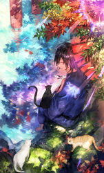 Rule 34 | 1boy, :d, ^ ^, barefoot, blue kimono, brown hair, cat, closed eyes, commentary request, dappled sunlight, day, from above, from side, full body, grass, hair between eyes, happy, holding, holding umbrella, japanese clothes, kimono, long sleeves, male focus, mura karuki, obi, oil-paper umbrella, open mouth, original, outdoors, parted bangs, raised eyebrows, red umbrella, reflection, rock, sash, sitting, sitting on rock, smile, sunlight, tree shade, umbrella, water, wavy hair