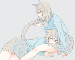 Rule 34 | 2girls, animal ears, blouse, blue eyes, blue shirt, blush, cat ears, cat girl, cat tail, collared shirt, commentary request, grey hair, grey skirt, hair between eyes, holding, holding with tail, inutose, long sleeves, lying, lying on lap, medium hair, multiple girls, on side, open mouth, original, prehensile tail, school uniform, shirt, simple background, sitting, skirt, tail, tail raised, yuri