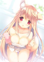 Rule 34 | 1girl, animal ear fluff, animal ears, bare shoulders, blonde hair, breasts, chestnut mouth, cleavage, collarbone, commentary request, fox ears, fox tail, head tilt, highres, long hair, looking at viewer, medium breasts, naked towel, original, p19, red eyes, solo, sponge, tail, towel, virtual youtuber