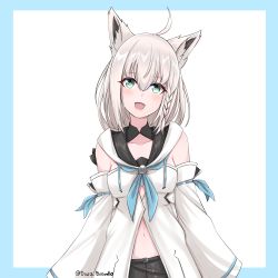 Rule 34 | 1girl, absurdres, ahoge, animal ear fluff, animal ears, bare shoulders, black shorts, blouse, blue eyes, blue neckwear, blush, braid, breasts, collarbone, detached sleeves, disco brando, fox ears, fox girl, fox tail, hair between eyes, highres, hololive, long hair, medium breasts, midriff peek, open mouth, shirakami fubuki, shirakami fubuki (1st costume), shirt, short shorts, shorts, side braid, single braid, sleeveless, sleeveless shirt, smile, solo, standing, tail, twitter username, two-tone background, virtual youtuber, white hair, white shirt, wide sleeves